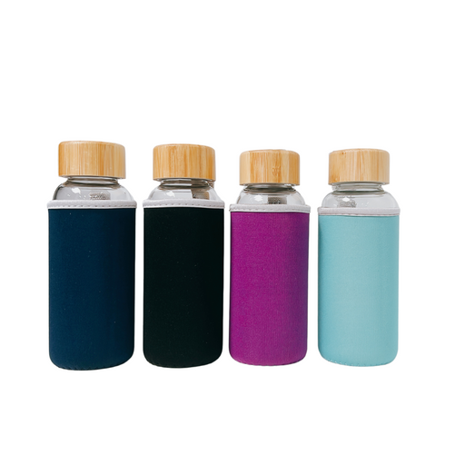 Eco Glass Bottle with Bamboo Lid and Neoprene Sleeve 300ml - 4 Pack