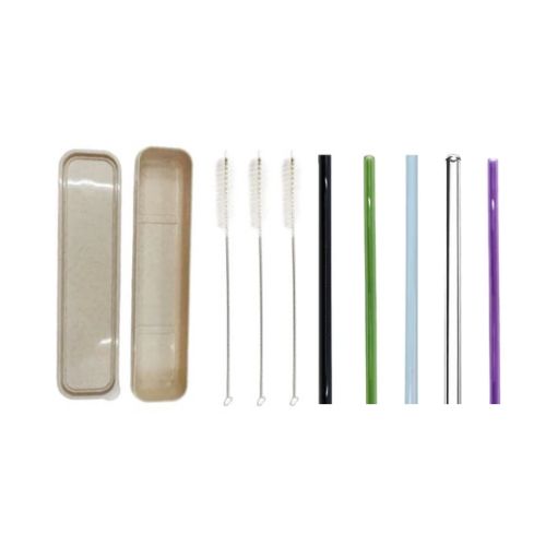 Wheat Straw Box Plus 3 Reusable Straight Glass Straws And 3 Cleaning Brushes