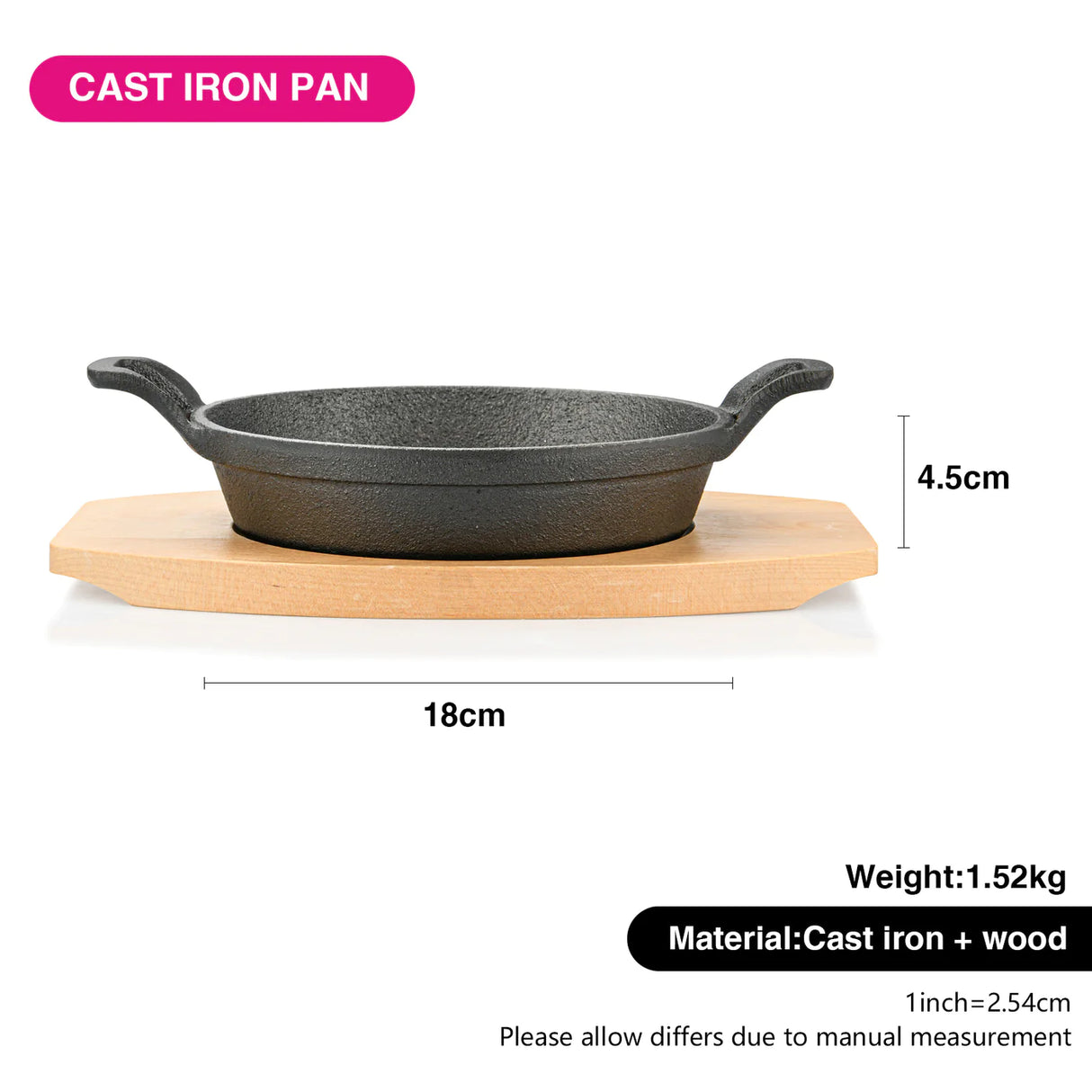 Cast Iron Pan 18 x 4.5cm With Two Side Handles On Wooden Sizzling Plate Tray - Pack of 10 - Green Shop Online
