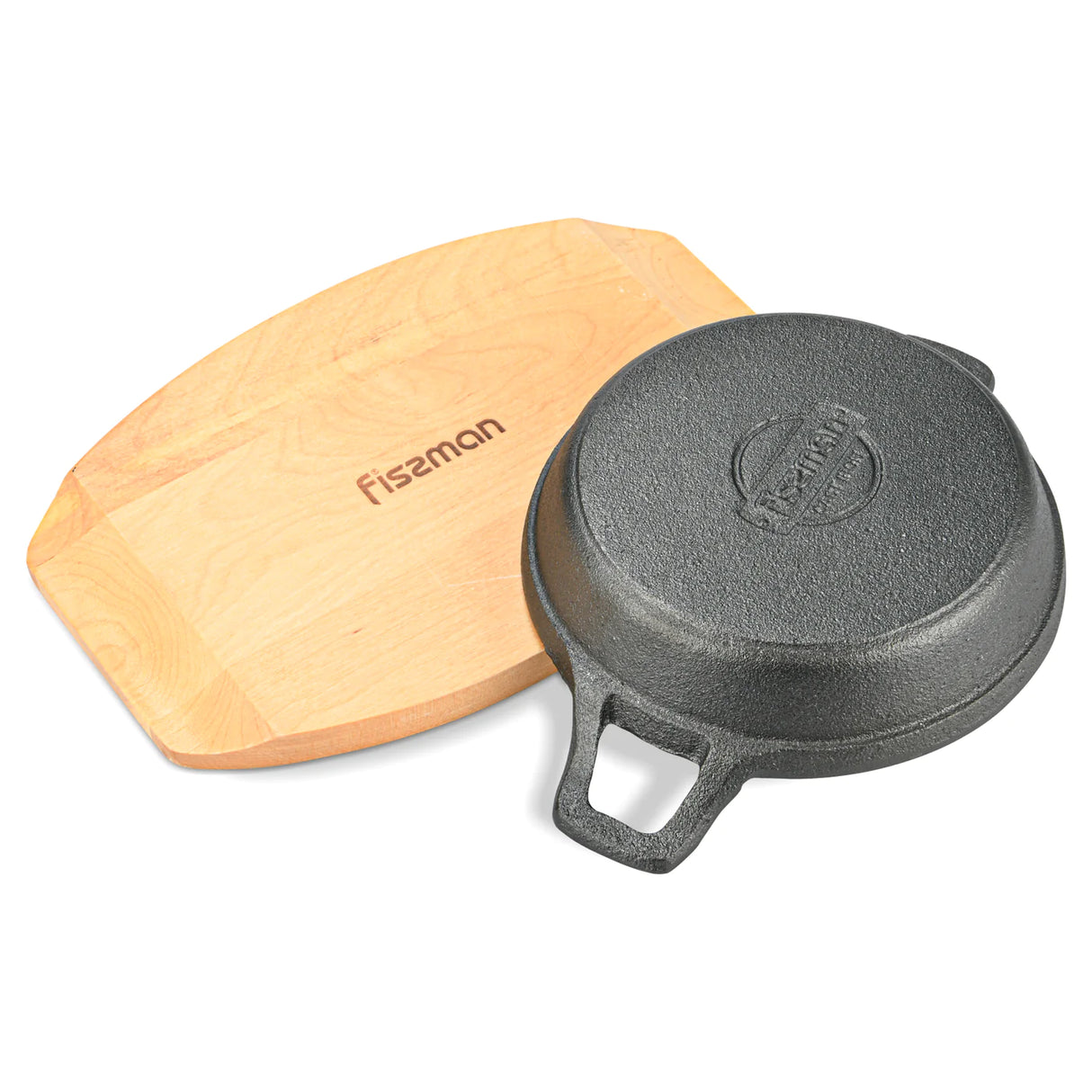 Cast Iron Pan 18 x 4.5cm With Two Side Handles On Wooden Sizzling Plate Tray - Pack of 10 - Green Shop Online