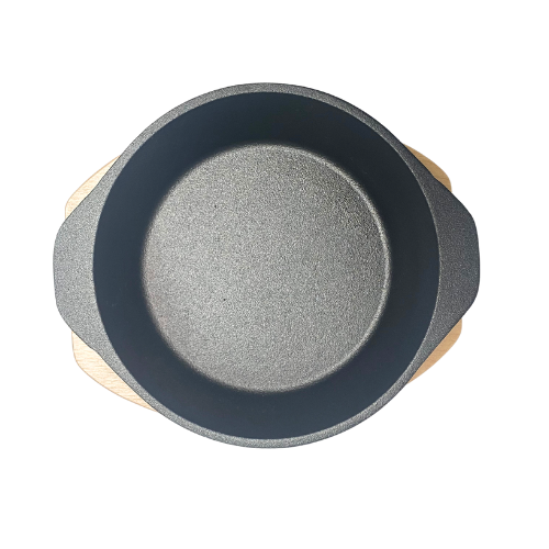 10 x Cast Iron Pan 19cm With Two Thick Side Handles On Wooden Sizzling Plate Tray - Green Shop Online