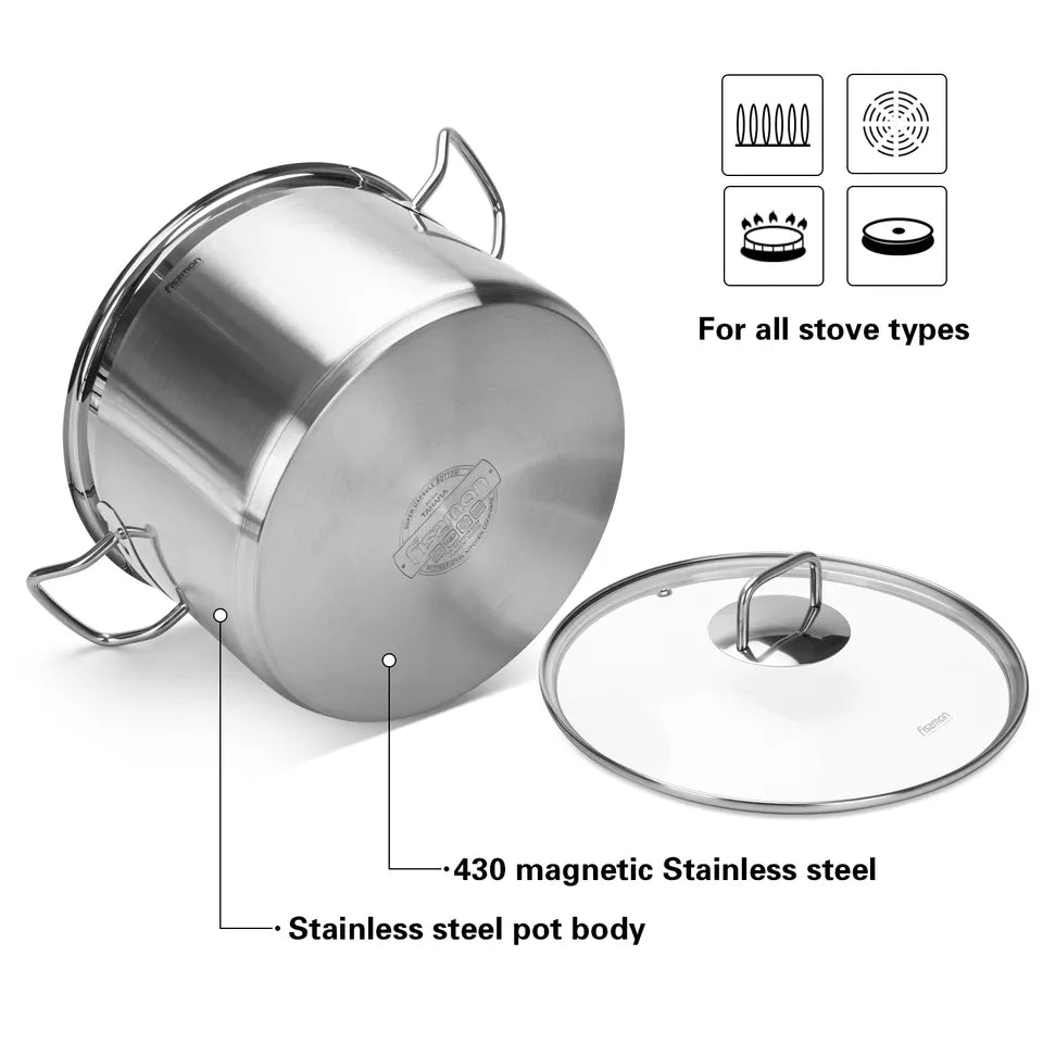 Stockpot 30cm x 21.5cm 15.2 LTR with Glass Lid Stainless Steel - Green Shop Online