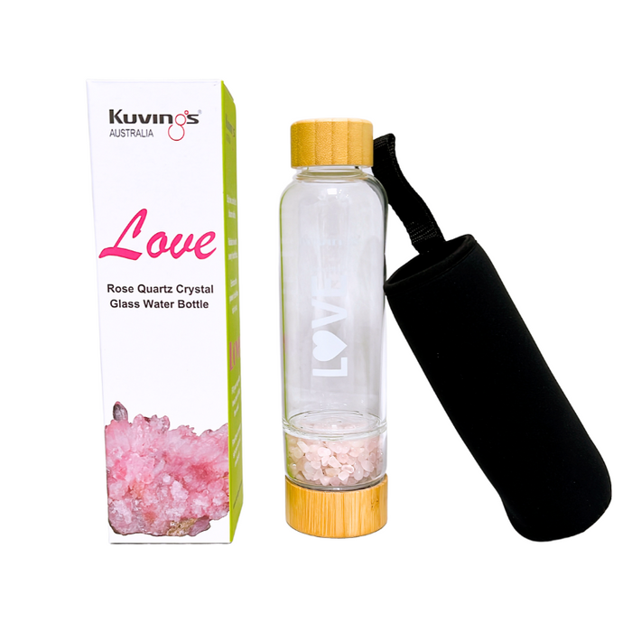 Glass Water Bottle With Rose Quartz Crystals 500ml - Love