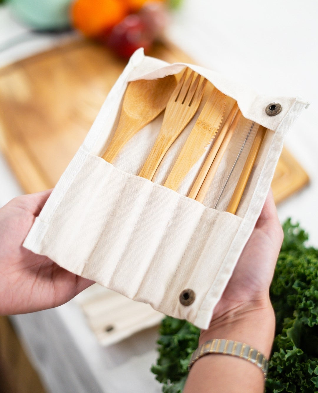 Bamboo Reusable Roll up Cutlery Set 7 Piece - Pack of 10 - Green Shop Online