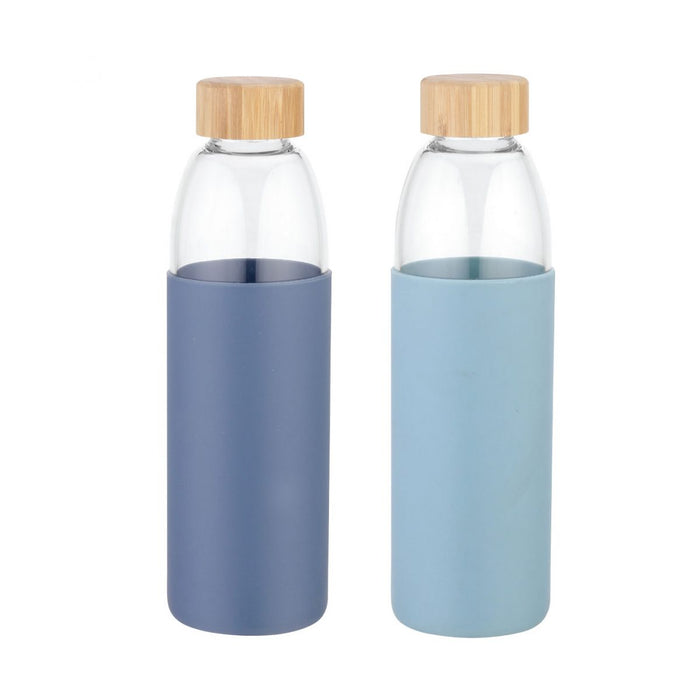 Sports Glass Bottle with Bamboo Lid - 750ml Sage Green And Dark Blue