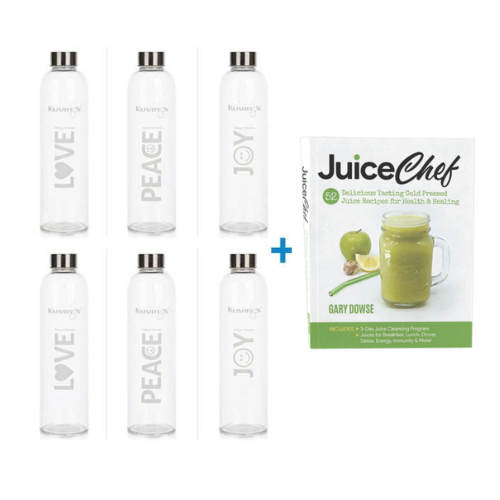 6 Pack of 1 Litre Glass Bottles with Stainless Steel Lid Plus Juicing Book - Green Shop Online