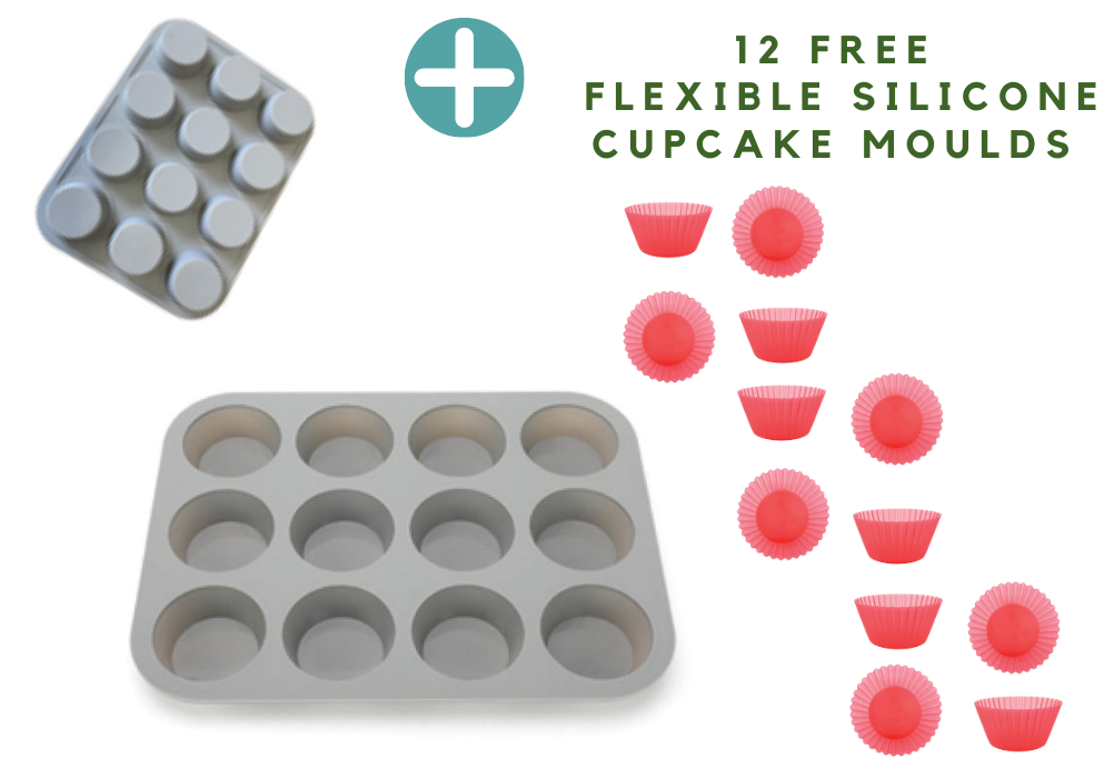 Silicone Muffin Pan - 12 Cup - Grey New Bonus 2pck Muffin Silicone Cups - Green Shop Online