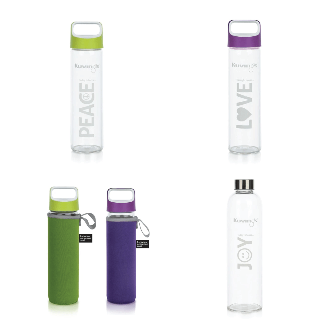Kuvings Peace Love Joy water flask glass bottles with neoprene carry cases in green and purple