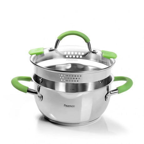 Stockpot 18x9 cm 2 LTR with Glass Lid Pouring Lip and Lid Strainer Stainless Steel - Green Shop Online