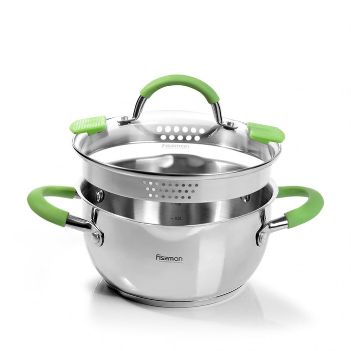 Stockpot 18x9cm with Pouring Lip and Lid Strainer Stainless Steel