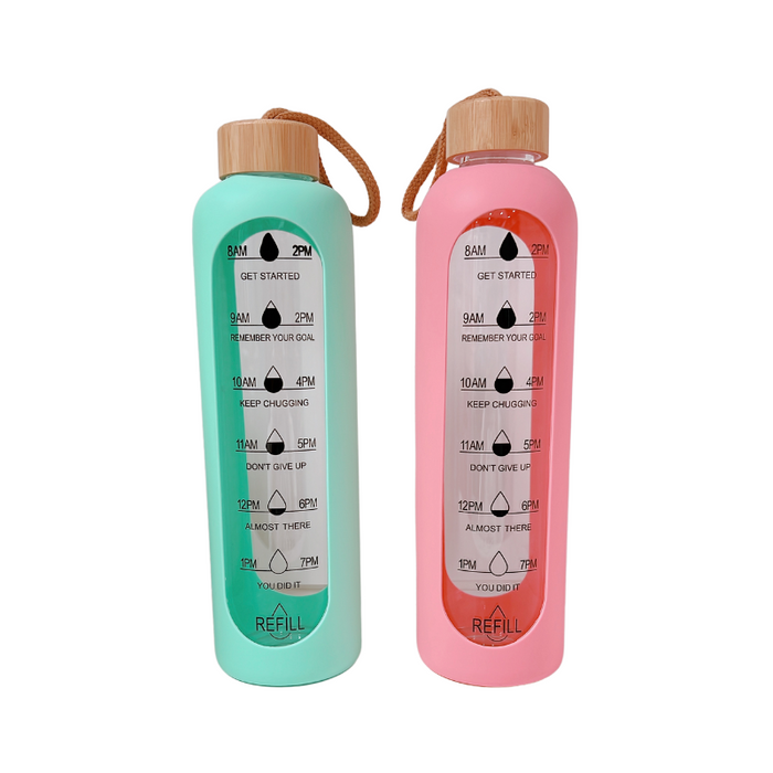 Motivational Sports Bottle 1Ltr with Bamboo Lid & Silicone Sleeve