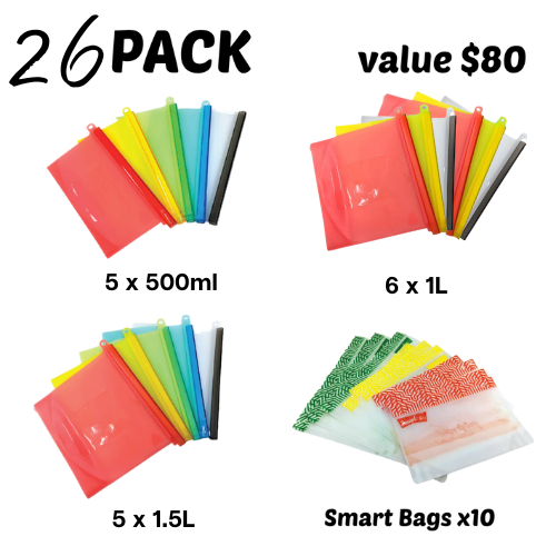 Reusable Silicone Food Bags Plus Smart Bags - 26 pack