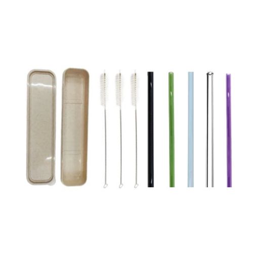 Wheat Straw Box Plus 3 Reusable Straight Glass Straws And 3 Cleaning Brushes - Green Shop Online