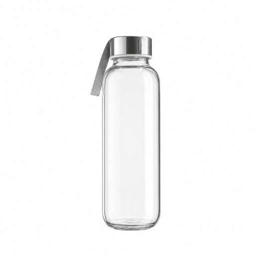 300ml clear glass water bottle by KOVA with stainless steel lid and grey carry strap - BPA free, unbranded