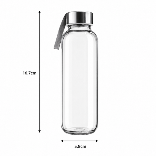 Clear glass water bottle with a silver metal cap and carrying loop, shown with dimension arrows and labels indicating 16.7 cm height and 5.