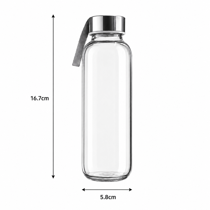 Clear glass water bottle with a silver metal cap and carrying loop, shown with dimension arrows and labels indicating 16.7 cm height and 5.