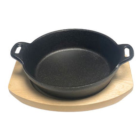 Cast Iron Pan 18 x 4.4cm With Two Side Handles On Wooden Sizzling Plate Tray - Pack of 10 - Green Shop Online