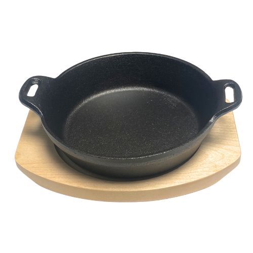 Cast Iron Pan 18cm With Two Side Handles On Wooden Sizzling Plate Tray