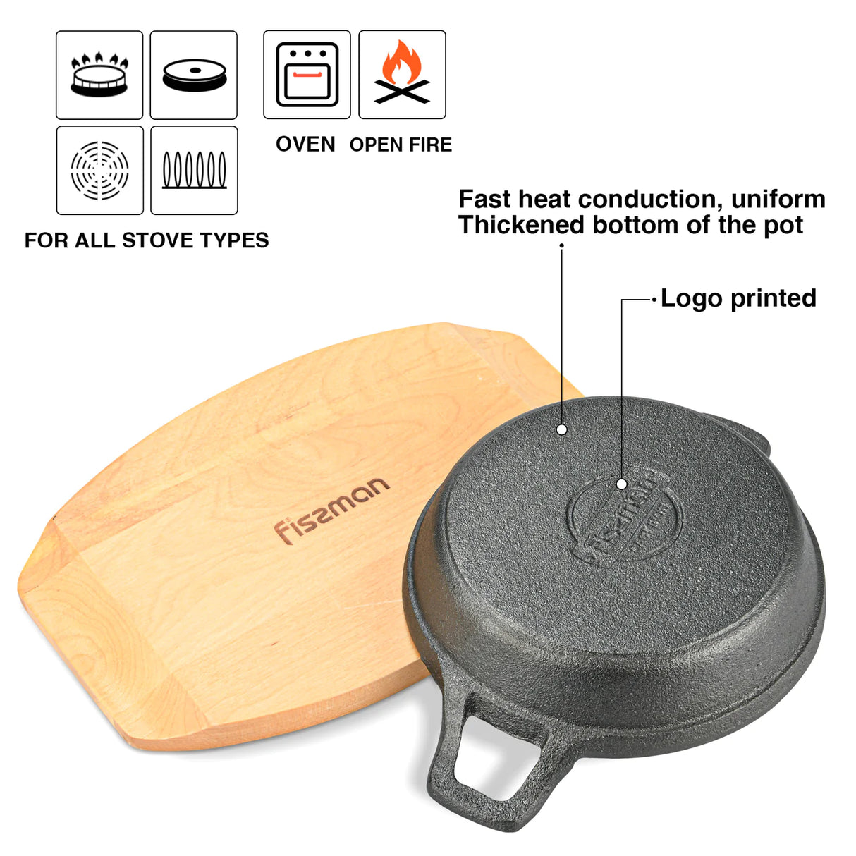 Cast Iron Pan 18 x 4.5cm With Two Side Handles On Wooden Sizzling Plate Tray - Green Shop Online