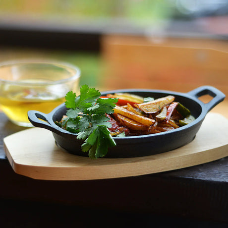 Cast Iron Pan 18 x 4.5cm With Two Side Handles On Wooden Sizzling Plate Tray - Pack of 10 - Green Shop Online