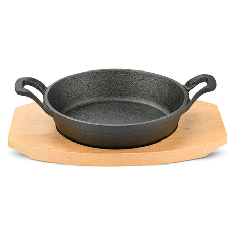 Cast Iron Pan 18 x 4.5cm With Two Side Handles On Wooden Sizzling Plate Tray - Pack of 10 - Green Shop Online