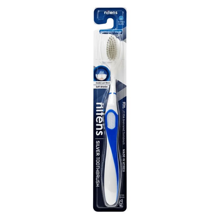 Nitens Silver Ion Antibacterial Toothbrush – Soft Bristles, Made in Korea (Blue)