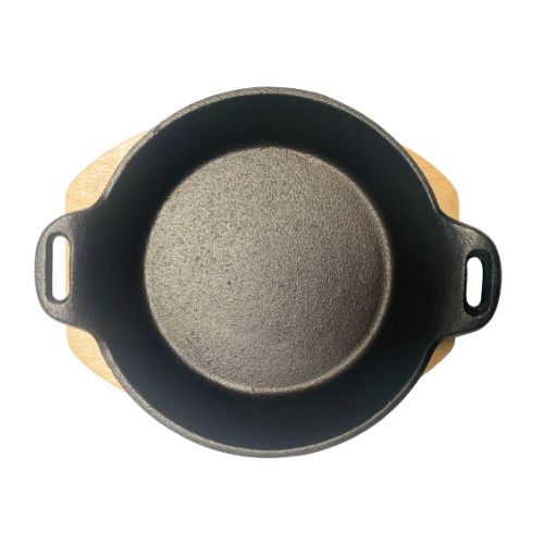 Cast Iron Pan 18 x 4.4cm With Two Side Handles On Wooden Sizzling Plate Tray - Pack of 10 - Green Shop Online