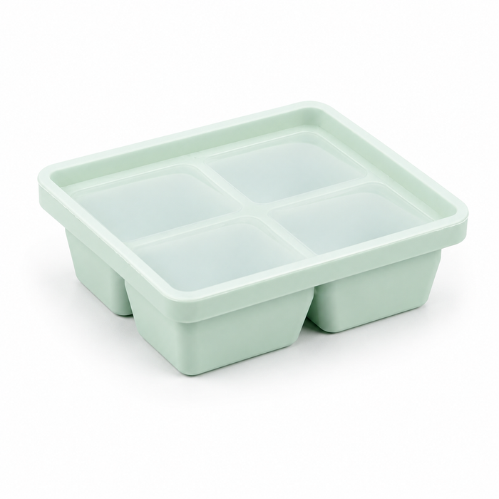 Mint green silicone freezer tray with lid, 4 large compartments for baby food and meal prep storage