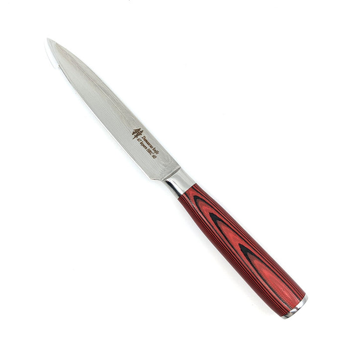 Utility Knife (5in) Damascus Steel – red wood handle