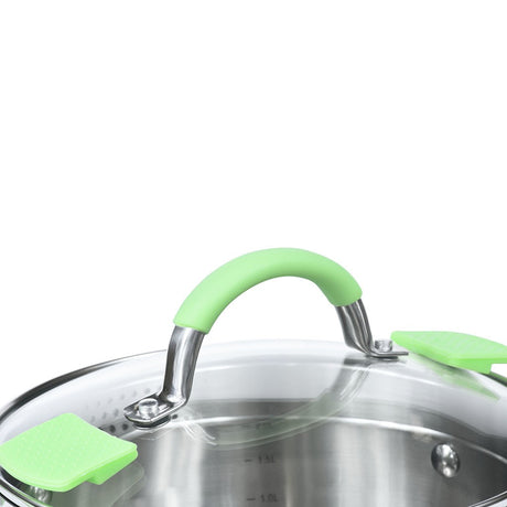 Stockpot 18x9 cm 2 LTR with Glass Lid Pouring Lip and Lid Strainer Stainless Steel - Green Shop Online