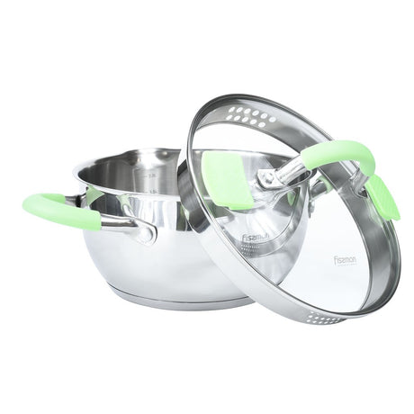 Stockpot 18x9 cm 2 LTR with Glass Lid Pouring Lip and Lid Strainer Stainless Steel - Green Shop Online