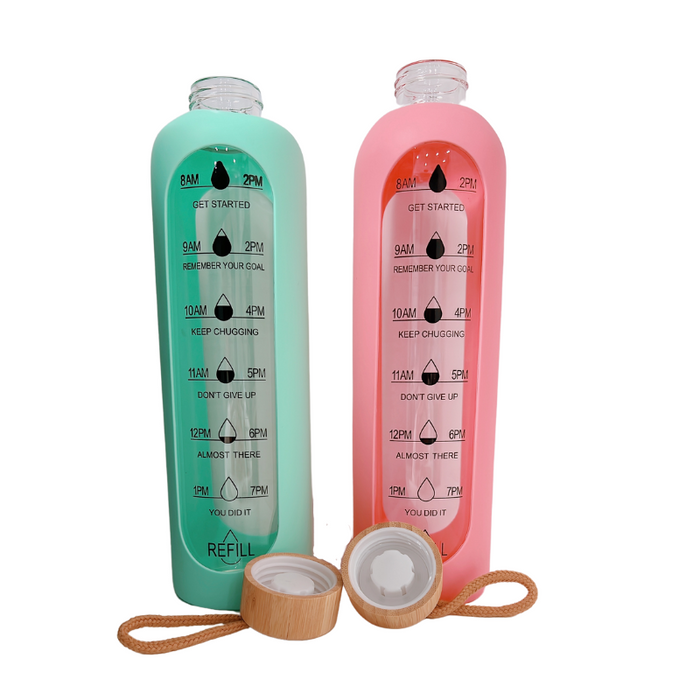 Motivational Sports Bottle 1Ltr with Bamboo Lid & Silicone Sleeve