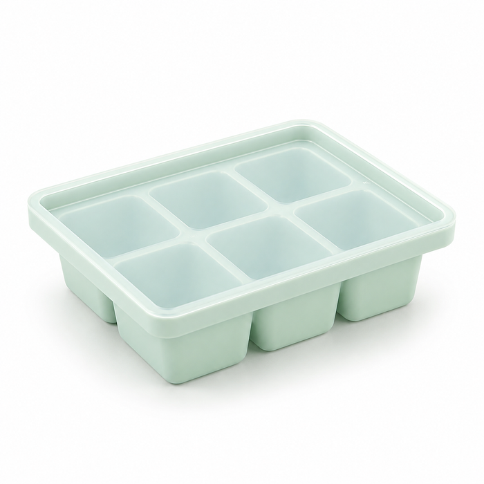 Mint green silicone freezer tray with lid, 6 compartments for baby food and meal prep storage