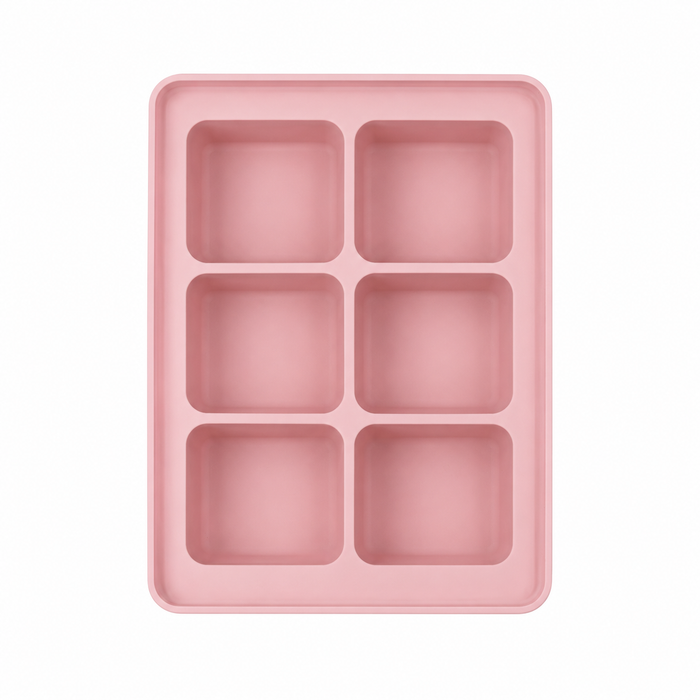 Pink 6-compartment silicone freezer tray for baby food and soup portions, overhead view