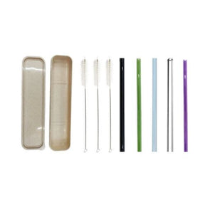 Wheat Straw Box Plus 3 Straight Reusable Glass Straws And 3 Cleaning Brushes - Green Shop Online