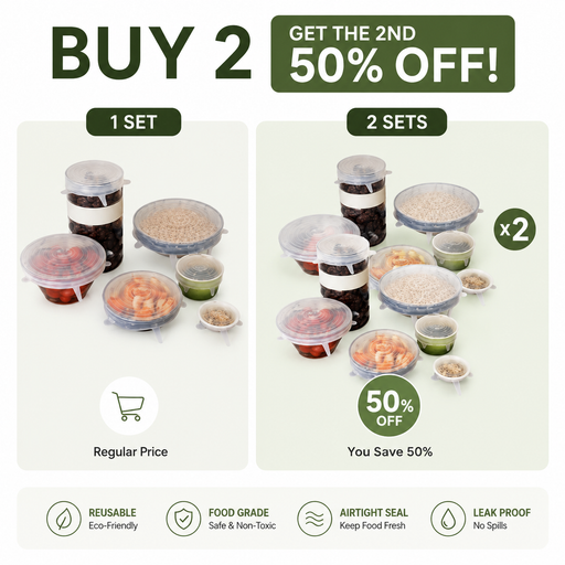Promotional graphic for reusable silicone food storage containers. The image shows two sets of containers on a light background with text offering a 50% off discount when buying 2 sets instead of 1.