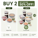 Promotional graphic for reusable silicone food storage containers. The image shows two sets of containers on a light background with text offering a 50% off discount when buying 2 sets instead of 1.
