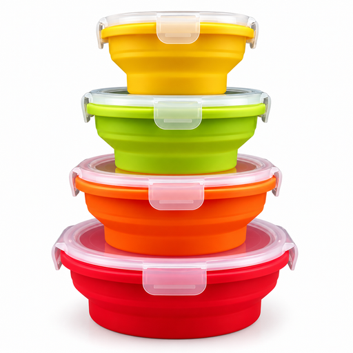 Colourful stack of round collapsible silicone food storage containers