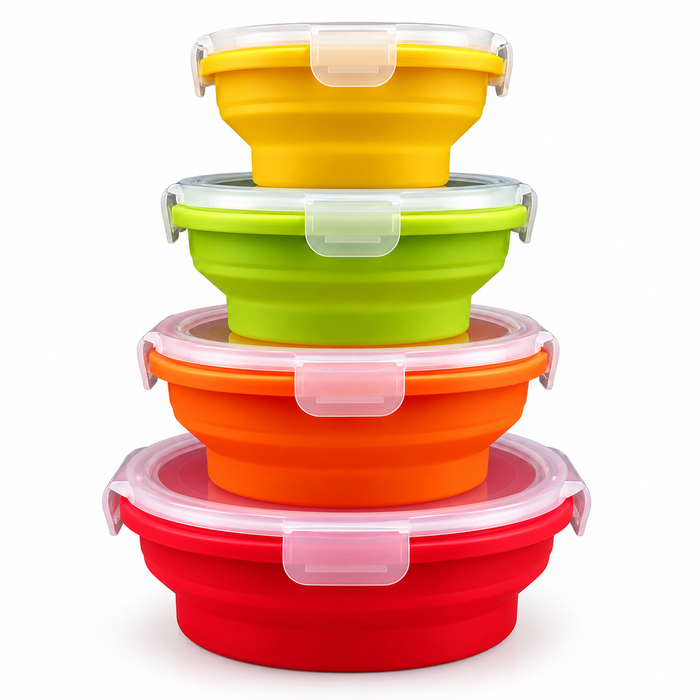 Colourful stack of round collapsible silicone food storage containers