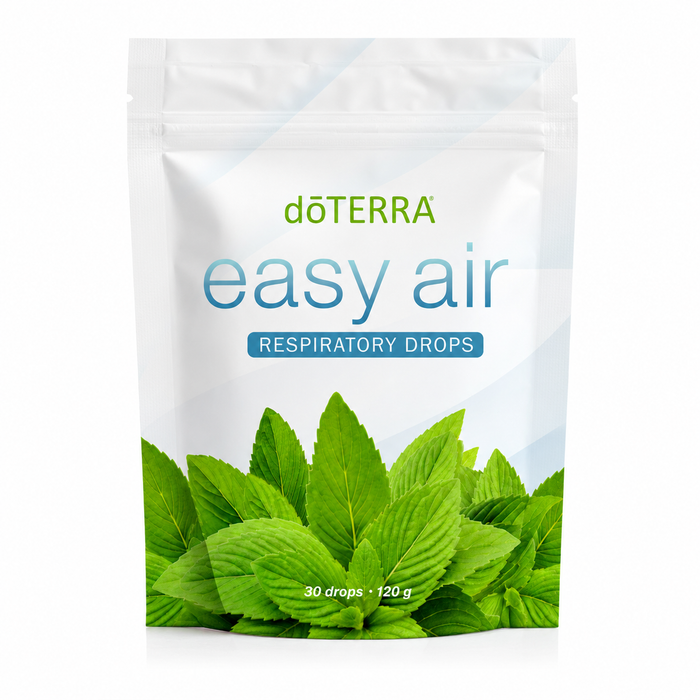 A stand-up pouch of doTERRA easy air Respiratory Drops, featuring a white background with blue and green text, and a graphic of fresh green leaves at the bottom.