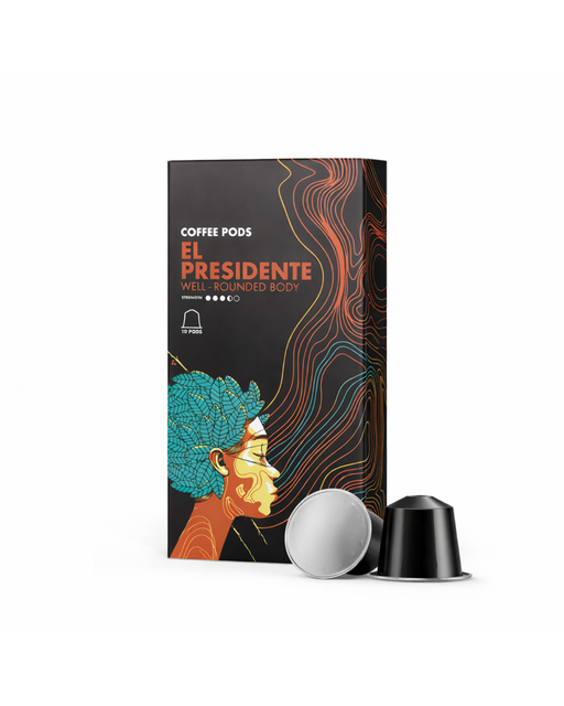 El Presidente coffee pods by Roasting Warehouse — 10 pack Nespresso compatible capsules, well-rounded body strength 4/6