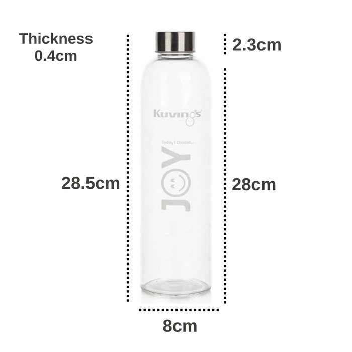 1 Litre Glass Bottle with Stainless Steel Lid, Neoprene Pouch and Ice Cube Tray - Joy Peace Love