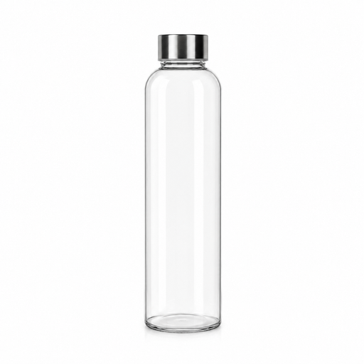 1 litre clear glass water bottle by KOVA with stainless steel lid and grey carry strap — BPA free, dishwasher safe