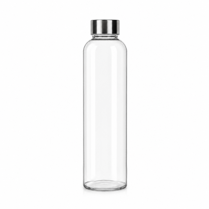 1 litre clear glass water bottle by KOVA with stainless steel lid and grey carry strap — BPA free, dishwasher safe