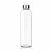 1 litre clear glass water bottle by KOVA with stainless steel lid and grey carry strap — BPA free, dishwasher safe