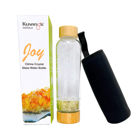 Glass Water Bottle With Citrine Crystals 500ml - Joy - Green Shop Online