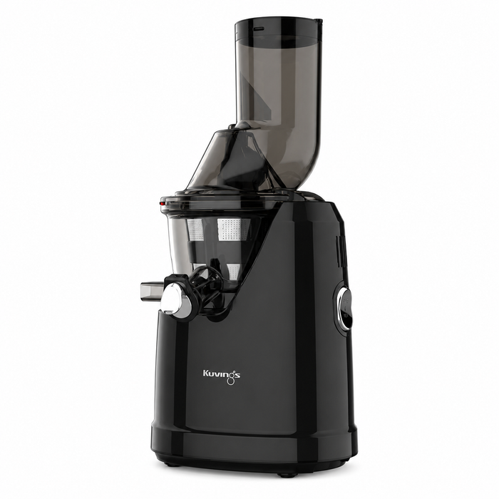 Kuvings C8000S whole slow juicer in black, side angle showing masticating drum