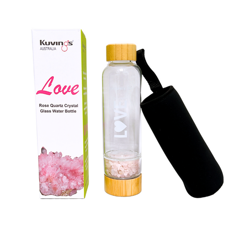 Glass Water Bottle With Rose Quartz Crystals 500ml - Love - Green Shop Online