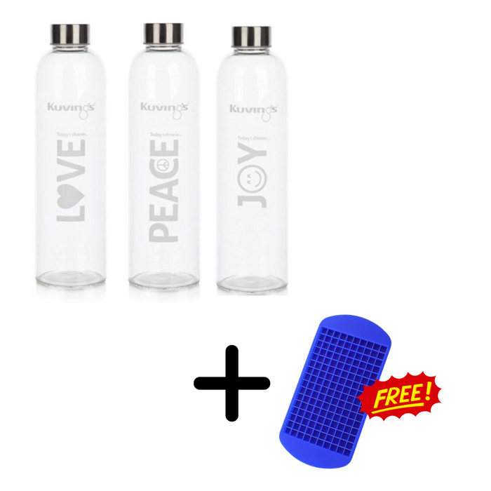 1 Litre Glass Bottle with Stainless Steel Lid, Neoprene Pouch and Ice Cube Tray - Joy Peace Love