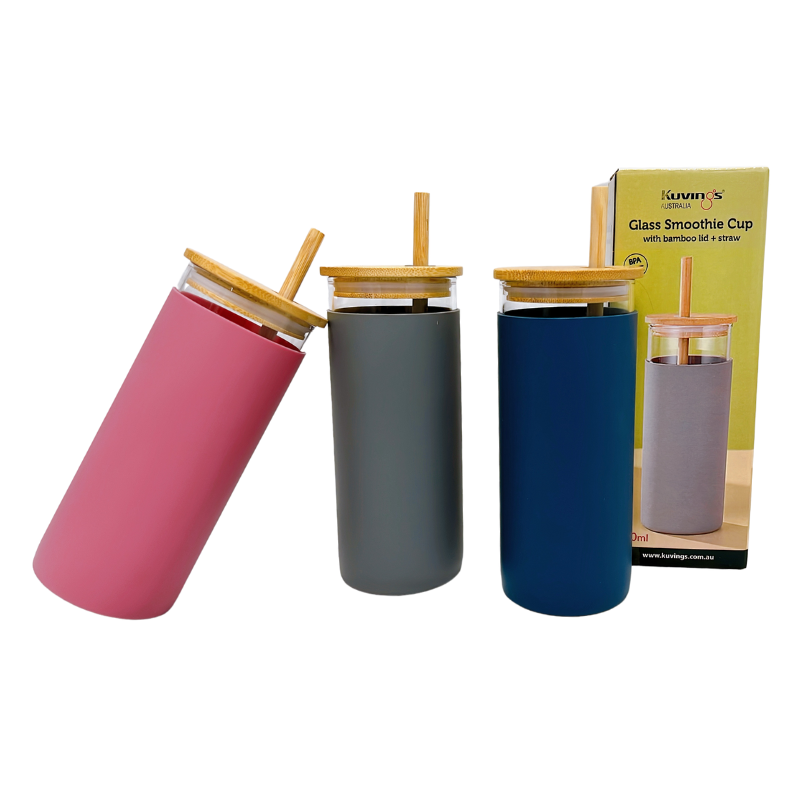 Smoothie Glass Cup with Bamboo Lid & Straw - 480ml - Green Shop Online